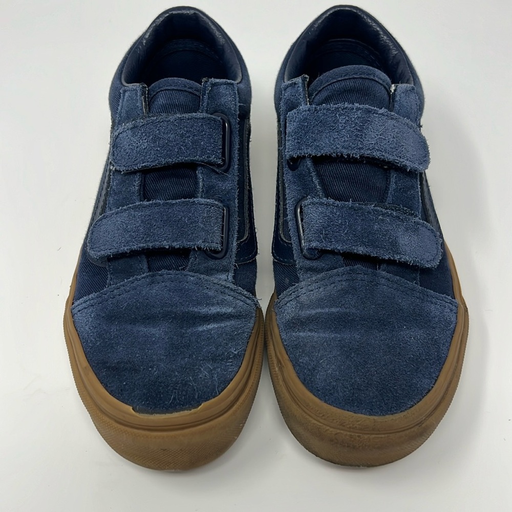 Blue suede Velcro Vans with gum sole